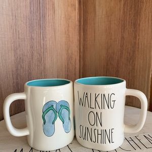 Set of 2 Rae Dunn Mug “walking on sunshine” both sided by magenta white/blue New